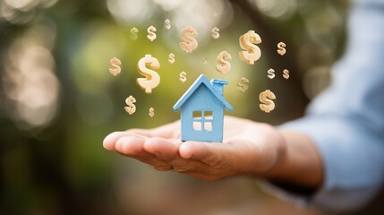 Hand holding a small 3D house icon with dollar signs floating around, symbolizing real estate investment and property value.