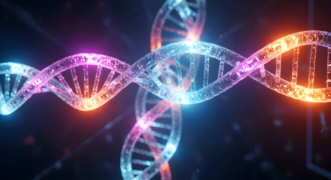 Abstract dna double helix molecule structure with glowing particles and neon lights on dark background