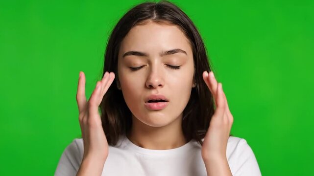 Young Woman Rubbing Tired Eyes on Green Screen, stress relieve process, a mental wellness concept