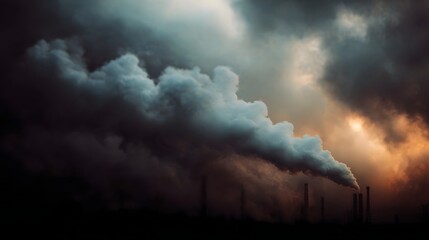 Industrial smoke billowing into a dramatic sunlit sky symbolizing environmental pollution