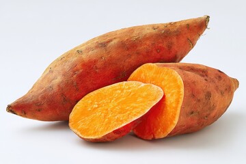 Two whole sweet potatoes and slices, showcasing orange flesh