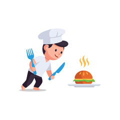 Chef Cartoon Preparing Burger Cute Food Illustration