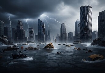 Flooded Cityscape Under Stormy Skies - A Post-Apocalyptic Vision.