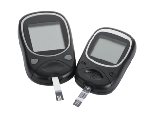 Digital blood glucose meter with a clear display for testing blood sugar isolated on white.