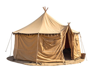 Traditional Bedouin tent with central pole isolated on white background.