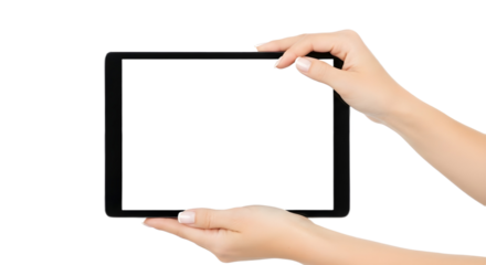 Hands holding a tablet with a blank screen on transparent background , png