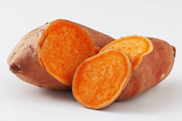 Two whole and sliced sweet potatoes on a white surface.  The whole sweet potato is a light reddish-brown, with a bright orange interior.  Sliced pieces show the same orange flesh