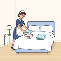 Hotel Maid Making Bed Housekeeping Service Illustration