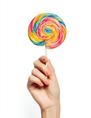 A hand holds a vibrant rainbow lollipop (2)