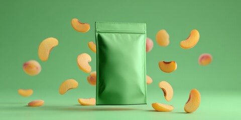 Green standing pouch mockup with falling peach slices
