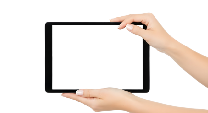 Hands holding a tablet with a blank screen on transparent background , png
