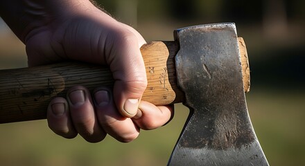 Hand firmly gripping an axe handle for chopping wood.