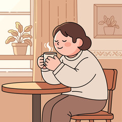 Woman Enjoying Coffee Cozy Morning, Relaxing, Vector Illustration