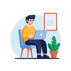Man Working on Laptop, Home Office, Freelance, Flat Vector Illustration