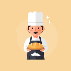 Baker Holding Bread, Cartoon Chef Illustration, Bakery Concept