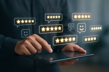 Person Using Tablet To Interact With Digital Feedback And Review Icons In Modern Business Environment
