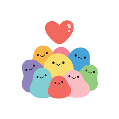 Cute Cartoon Characters with Heart, Love, Friendship, Togetherness