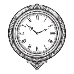 Ornate Round Wall Clock with Roman Numerals and Decorative Filigree Border, Depicting Retro Timekeeping