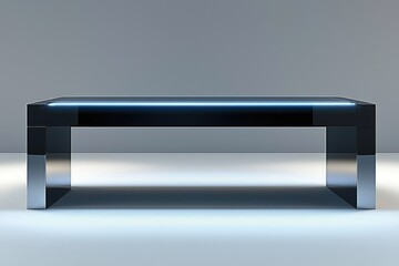 Futuristic black table with a luminous blue stripe on white background