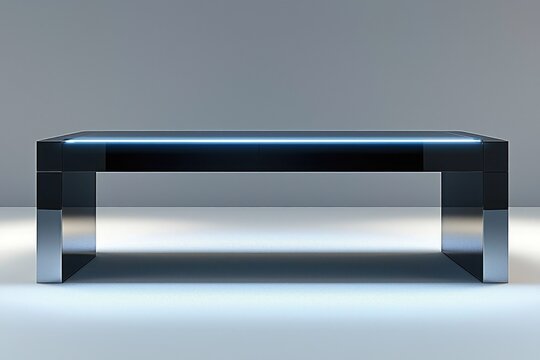 Futuristic black table with a luminous blue stripe on white background - Powered by Adobe