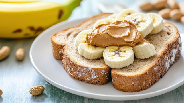 Peanut Butter Banana Toast: A Simple and Delicious Breakfast or Snack on Rustic Bread with Peanuts in Background