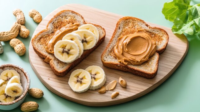 Peanut Butter Banana Toast: A Healthy and Delicious Breakfast or Snack on a Wooden Board with Peanuts - Powered by Adobe
