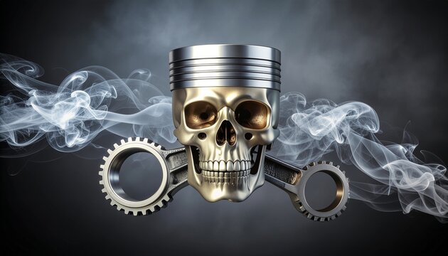 Mechanical Skull with Piston and Gears in Smoke