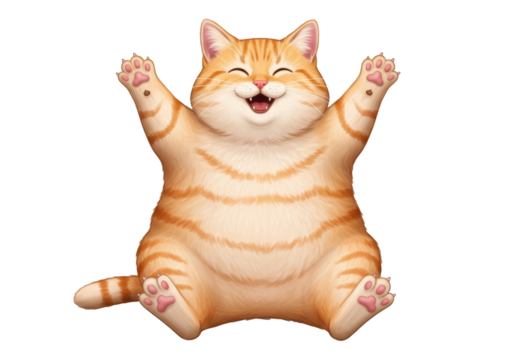 Isolated Cute Orange Tabby Cat Laughing with Paws Up in the Air, Joyful Ginger Kitty