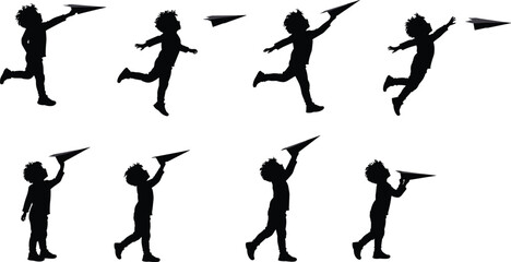 Boy playing with paper airplane silhouette, childhood imagination, outdoor fun, happy kid activity, freedom, creativity, flying paper plane, joy