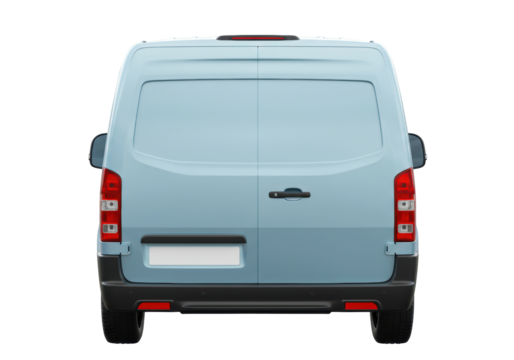 Isolated delivery van with rear view, light blue service vehicle, commercial transport