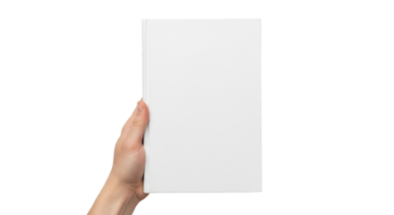 hand holding a blank white hardcover book, cover mockup for a novel or diary. Isolated on transparent background, png