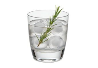 Isolated glass filled with gin tonic cocktail, ice and rosemary twig on clear view