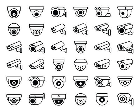Collection of 30 black and white security camera vector illustrations scalable eps icons silhouette