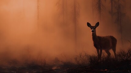 A lone deer stands in a smoky forest bathed in orange light evoking a post wildfire atmosphere