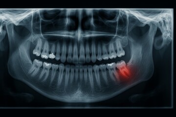 Dental panoramic X-ray showing impacted wisdom tooth with inflammation highlighted in red, used for oral health diagnosis and dental treatment plans. Ai generative