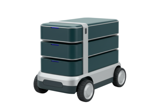 Isolated food delivery robot is standing still on the street ready to make deliveries