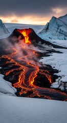Volcanic Eruption in Iceland - Lava Flowing Through Snowy Landscape at Sunset.