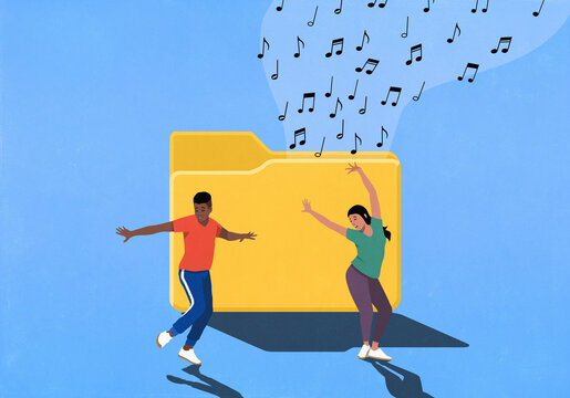 Carefree young man and woman dancing in front of yellow digital file folder with music notes
