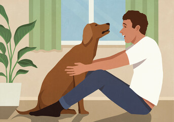 Happy man sitting face to face with pet dog on floor at home
