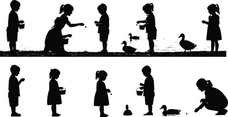 Children feeding ducks silhouette illustration, kids outdoor activity near pond, nature wildlife interaction, childhood moments, peaceful summer