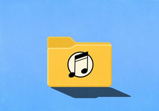 Music note on yellow digital file folder against blue background

