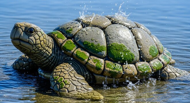A realistic and detailed sculpture of a turtle emerging from calm blue water, with water splashing around its shell