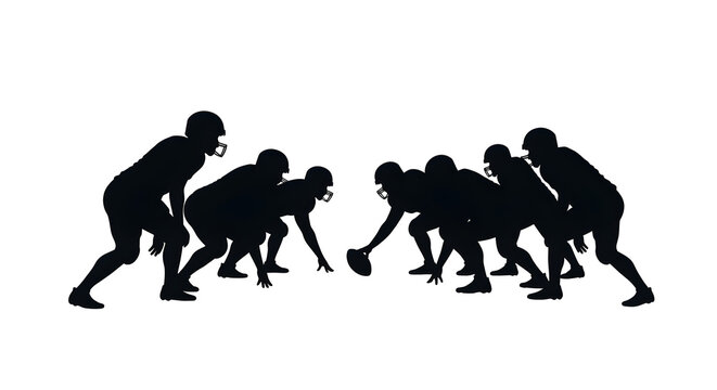 A silhouette of an American football team on the line of scrimmage, ready for the snap. Minimalist graphic, isolated on a clean white background.