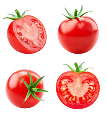 A set of fresh ripe red tomatoes isolated on white, a healthy and natural organic food ingredient