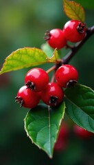 Bright red berries with glossy leaves, close-up view, image, garden