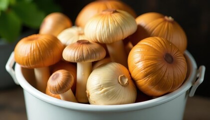 Close-up of various mushrooms in a white bucket , fresh, gathering