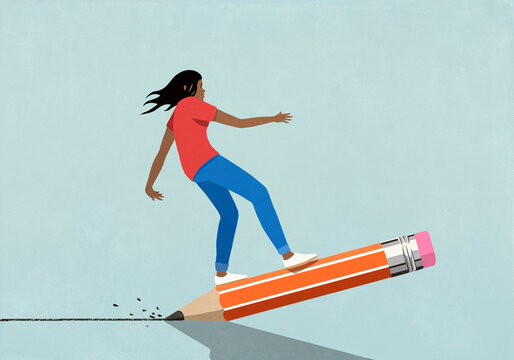 Teenage girl balancing on top of large pencil drawing line on blue background
