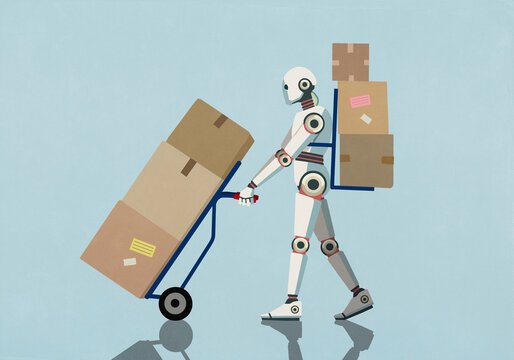 Humanoid robot pushing and carrying cardboard delivery boxes against blue background
