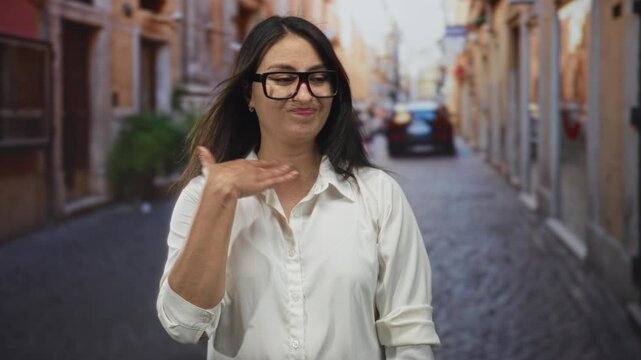 Woman on street in white shirt and glasses with hand to chest and dismissive smirk, standing in narrow city lane; annoyance confidence.