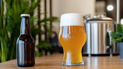 Craft Beer Bottle and Glass on Wooden Table, Featuring a Light-Colored Ale with Foam and a Stainless Steel Brewing Tank in Background